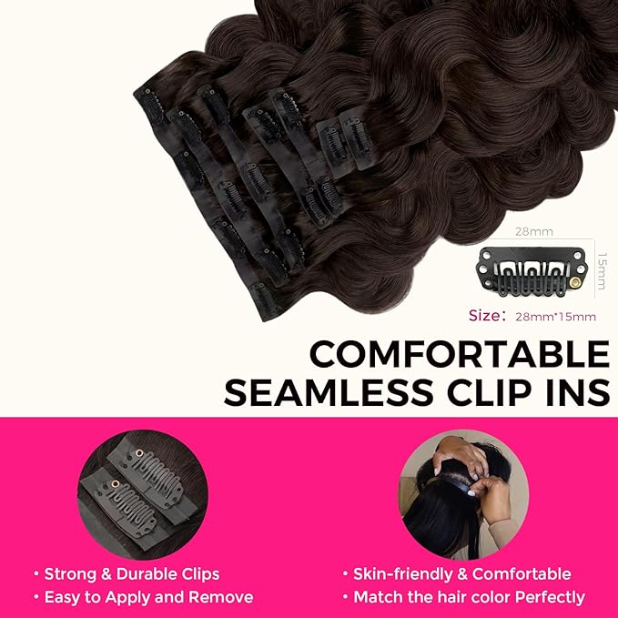 Lashey Seamless Clip in Hair Extensions Human Hair #2 Dark Brown Body Wave 7pcs 110g 14 Inch PU Weft Human Hair Clip in Extensions for Women