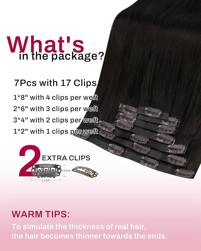 Moresoo Seamless Dark Brown Hair Extensions Clip ins for Thick Hair Invisible Clip in Hair Extensions Human Hair Dark Brown Pu Weft for Women Straight 150g/7pcs 22in