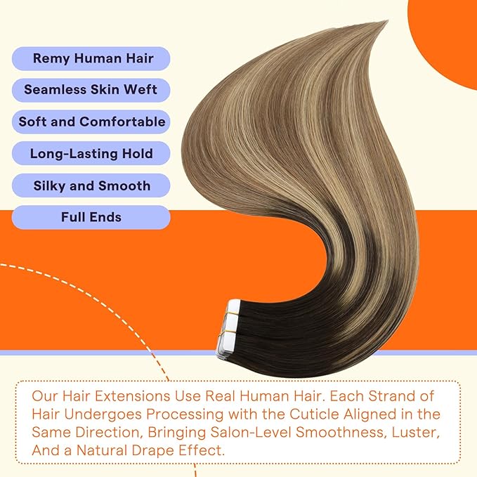 Full Shine Tape in Hair Extensions Human Hair 22 Inch Color 2 Fading to 8 Brown and 27 Blonde Hair Extensions Real Human Hair Tape Ins 20 Pieces Extensions for Women Real Hair 50 Grams Add Length