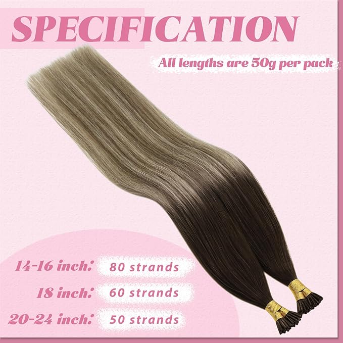 YoungSee I Tip Hair Extensions Dark Brown Ombre Blonde Itip Human Hair Extensions Balayage I Tip Extension Human Hair Pre Bonded Hair Extension Easy to Apply 22 Inch 50g 50s