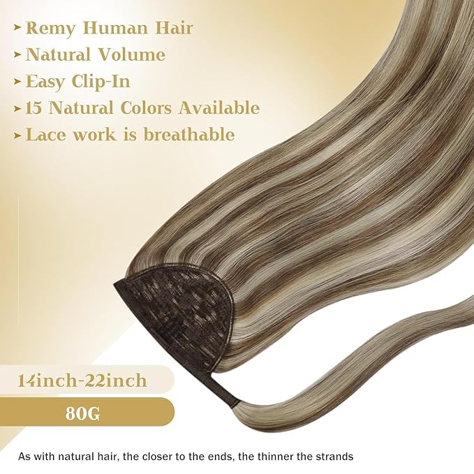 Ve Sunny Hair Extensions Ponytail Real Human Hair 80G Wrap Around Clip in Ponytail Hair Extensions Straight Extensions Human Hair for Women Light Brown Highlights Platinum Blonde 14inch