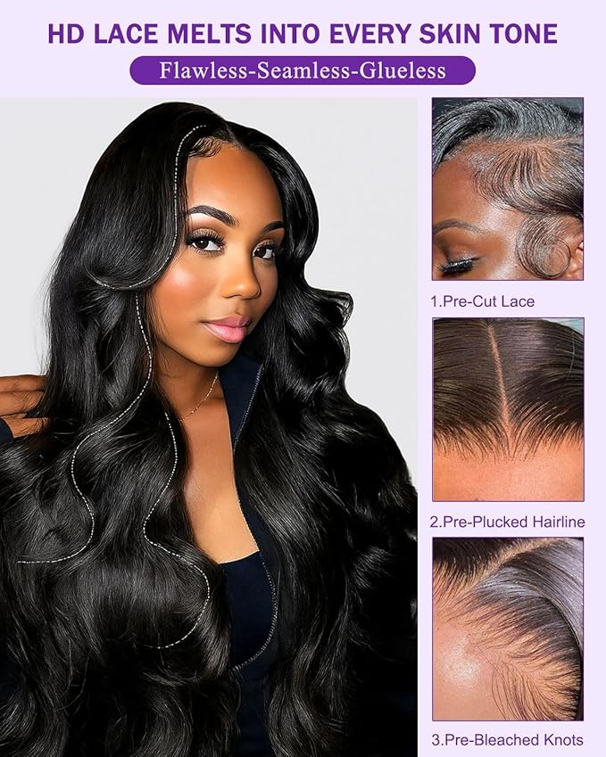 9x6 SKINLIKE Real HD Lace Closure Wig, Body Wave 180% Density 0.10mm Ultra-thin Swiss Lace Pre-plucked Bleached Small Knots With Baby Hair Natural Black Human Hair Wigs 26Inch