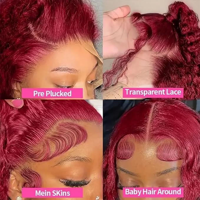38 Inch 99J Burgundy 13x6 Lace Front Wigs Human Hair Red Burgundy Wig 200% Density Deep Wave Lace Front Wigs Human Hair Pre Plucked Glueless HD Lace Frontal Wigs for Women