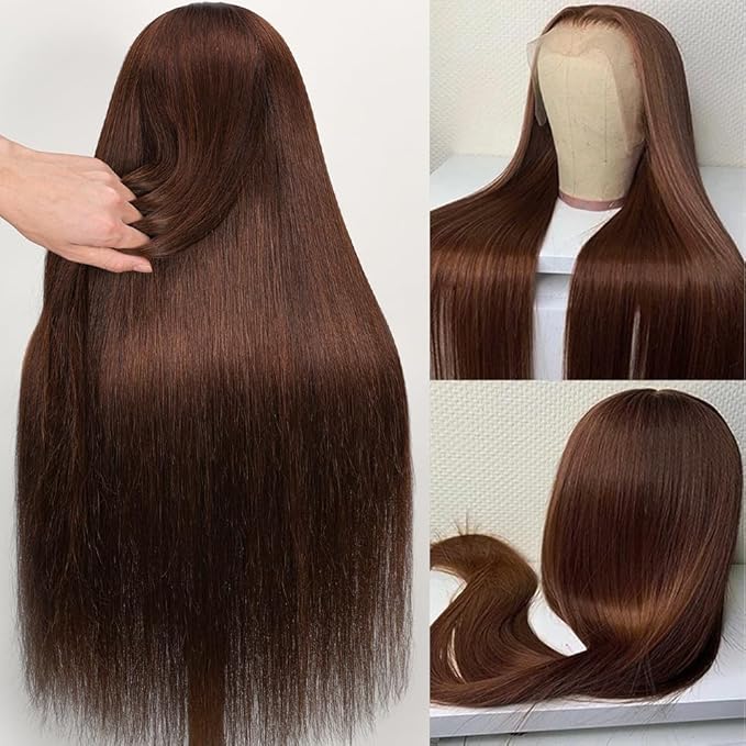 Hermosa 13x4 Brown Lace Front Wigs Human Hair Pre Plucked Hairline 180 Density Straight Lace Frontal Human Hair Wigs for Women 4# Brown Color 18 Inch