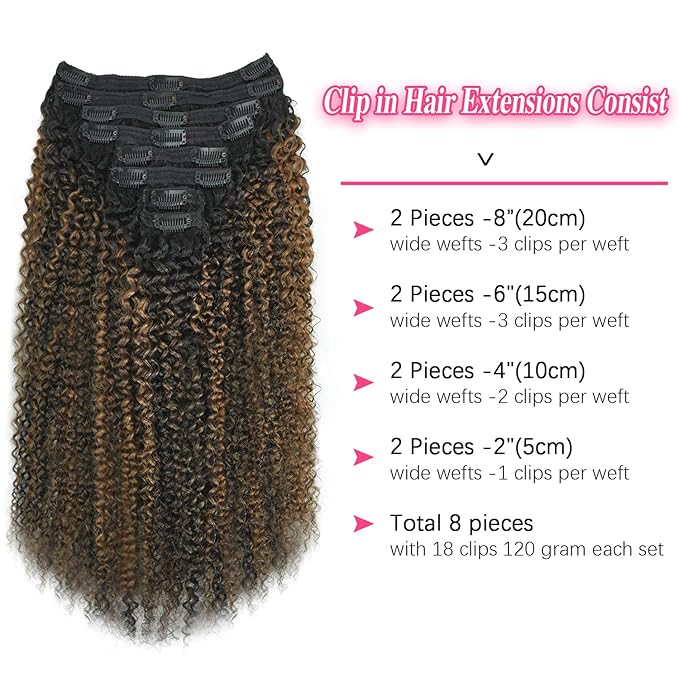 3c 4a Curly Clip in Hair Extensions T1BP1B/30 Omber Kinky Curly Clip ins For Women Brazilian Virgin Clip on Hair (24inch,T1BP1B/30)