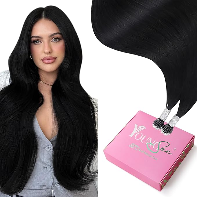 YoungSee Nano Beads Hair Extensions Jet Black 26inch Nano Ring Hair Extensions Human Hair Black Nanolink Hair Extension Cold Fusion Nano-Tip Hair Extension for Long Hair 50s 50g