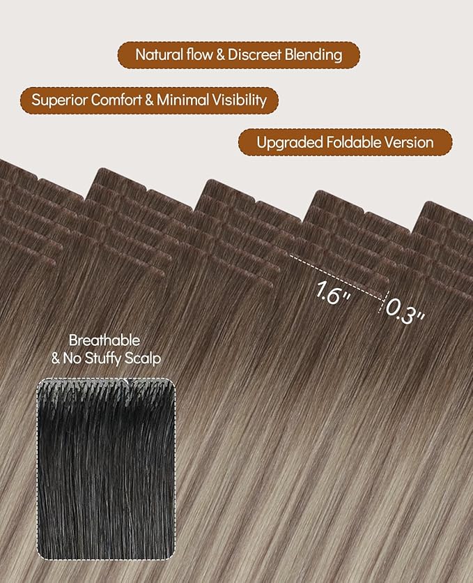 VINBAO 55g Invisi Edge Tape in Extensions Real Human Hair Balayage Ash Brown and Blonde Mixed with Ash Blonde Injected Tape in Hair Extensions Invisible 20pcs 20inch #8/60/18