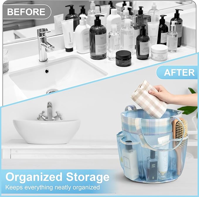 Mesh Shower Caddy Portable, Bathroom Caddy Organizer for College Dorm Essentials, Hanging Shower Tote Bag with 7 Pockets for Beach, Swimming, Gym camping Blue Checkered