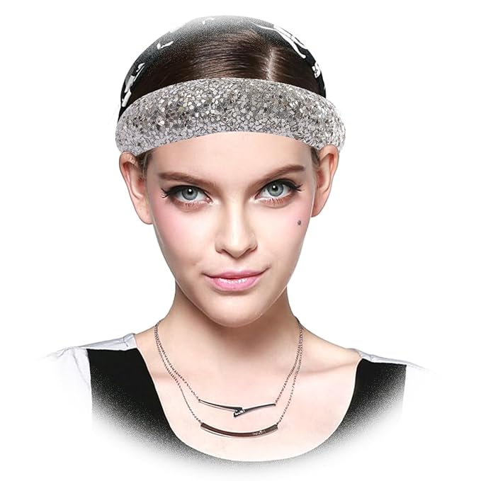 Sliver Sparkle Headband for Women Fashion Wide Headband Glitter Sequin Headbands Comfortable High Elastic Head Band Hair Hoop Hair Accessories for Womens