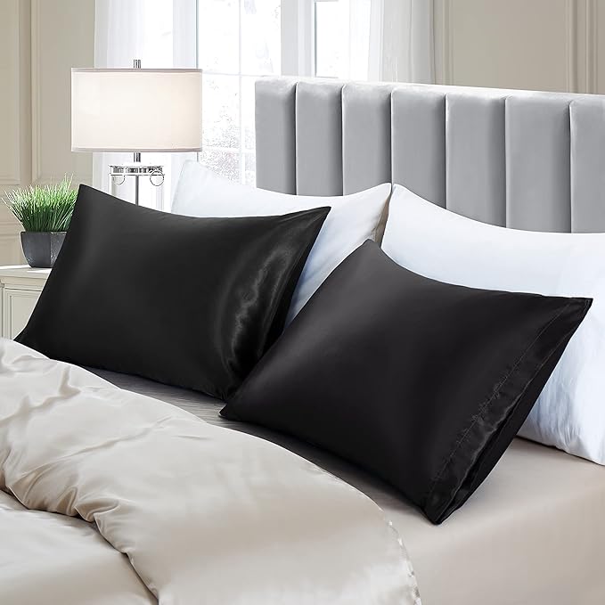 Aormenzy Black Satin Pillowcase for Hair and Skin, Satin Pillow Cases for Women Standard Size Set of 2 with Envelope Closure Silky Pillow Covers Wrinkle, Fade Resistant (20x26 Inches)