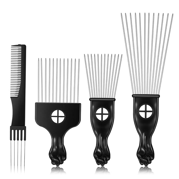Sibba 4 Pack Metal Comb Afro Hair Pick Comb Set, Stainless Steel Wide Tooth Hair Picks for Natural Curly Coily, Fist Design Braid Styling Combs Afro Lift Picks Wig Detangler for Detangling Hairstyling