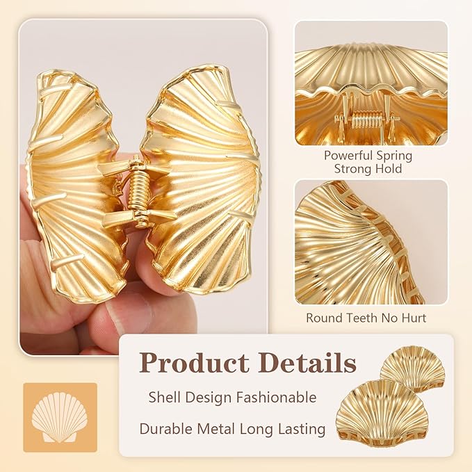 2 PCS Metal Hair Clips for Women, Durable & Elegant Seashell Gold Hair Clips for Styling, Metal Claw Clips for Thick Thin Hair, Strong Hold Decorative Hair Accessories Holiday Christmas Gifts