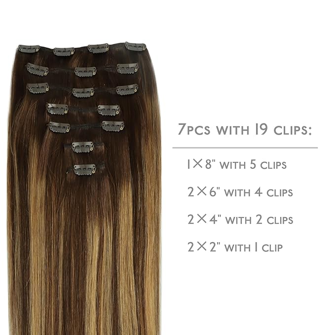 WENNALIFE Clip in Hair Extensions Real Human Hair, 16 Inch 120g 7pcs Balayage Chocolate Brown to Caramel Blonde Hair Extensions Clip in Human Hair Remy Clip in Hair Extensions Real Human Hair