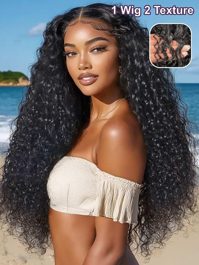 YIROO Bye Bye Knots Glueless Water Wave and Jerry Curly Drawstring Wig Human Hair, 7x5 Pre Cut Lace Front Glueless Wigs Pre Bleached Pre Plucked Wear and Go Wig for Women 150% Density 26Inch