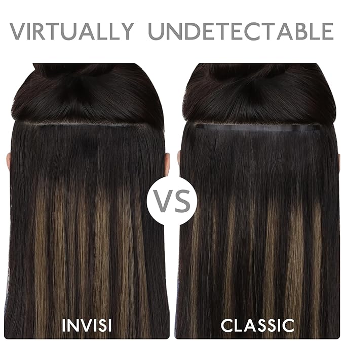 WENNALIFE Invisi Edge & Classic Seamless Clip in Hair Extensions Real Human Hair, 18 Inch 130 7pcs Balayage Chocolate Brown to Caramel Blonde Hair Extensions for Women Invisible Straight Injection