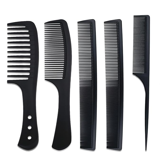 5 Piece Carbon Fiber Styling Hair Comb Set Detangling Black Professional Comb Set Wide Tooth Comb Fine Pro Tail Combs, Dresser Hair Comb Styling Comb for Men and Women Curly, Straight, or Long Hair