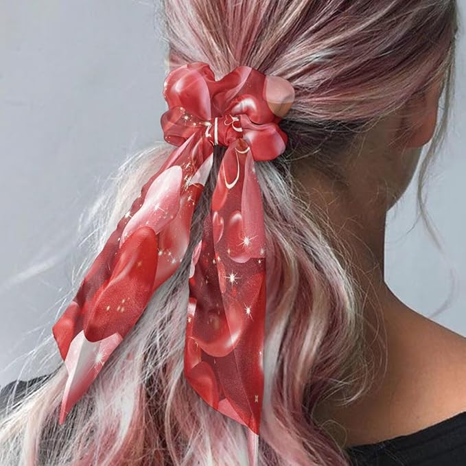 Gnomes Heart Toddler Bow Hair Ties No Damage Pack of 2 Checkered Scrunchies Hair Ties for Women Accessory Valentine's Theme Scarf Scrunchy