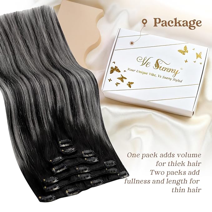 Ve Sunny Clip in Human Hair Extensions Black Ombre Clip in Hair Extensions Real Human Hair Silver Hair Clip in Extensions Balayage Hair Extensions Ease of Installation 7pcs 120g 16inch