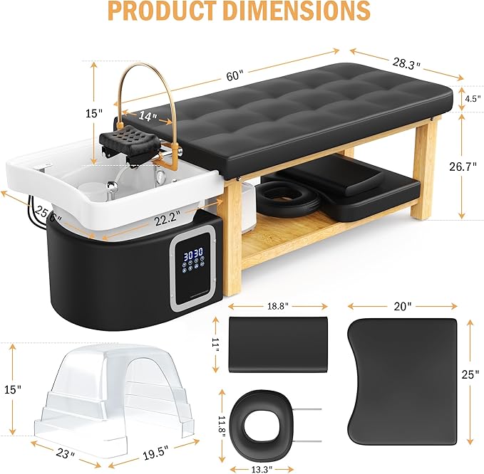 Hair Washing Head Spa Stationary Massage Table with Water Cycle & Fumigation Salon Equipment for Beauty Head Spa Physical Therapy Massage, Wood Frame, PU Leather - Black