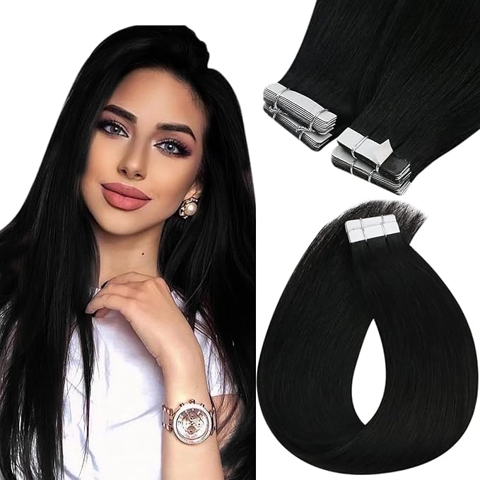 Sunny Hair Tape in Hair Extensions Human Hair 14inch Hair Extensions Real Human Hair Tape in Extensions for Women Jet Black Invisible Remy Hair Natural Straight Skin Weft Double Sided Tape 40pcs 100g