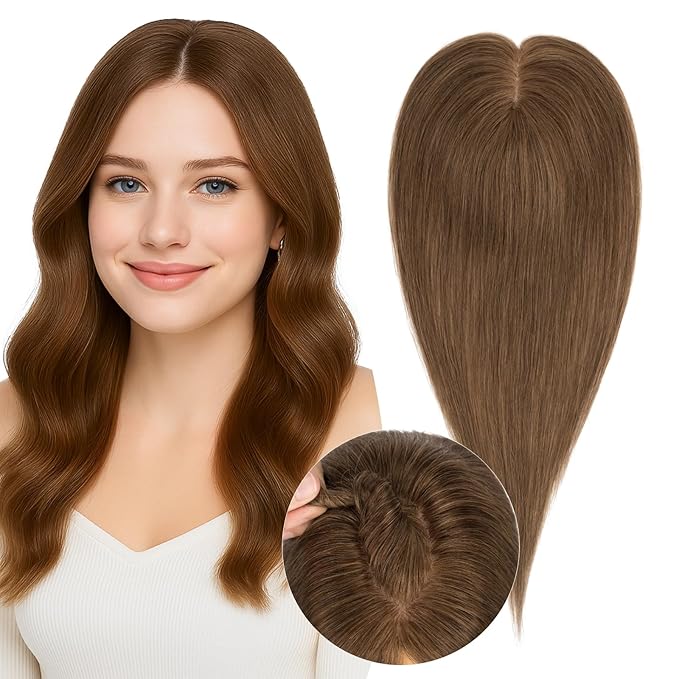 Real Human Hair Toppers for Women 3.54"*4.72" Silky Base 150% Density No Bangs Adjustable Parting Clip-In Topper Hairpieces for Women with Thinning Hair 12 Inches Medium Brown
