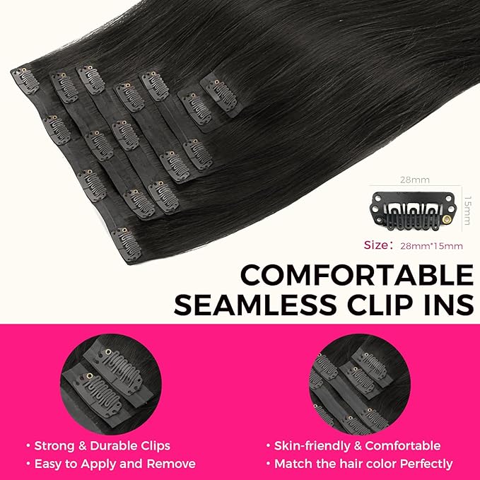 Lashey Seamless Clip in Hair Extensions Real Human Hair, 7pcs 110g 22 Inch Natural Black Straight Clip ins Human Hair Extension for Black Women