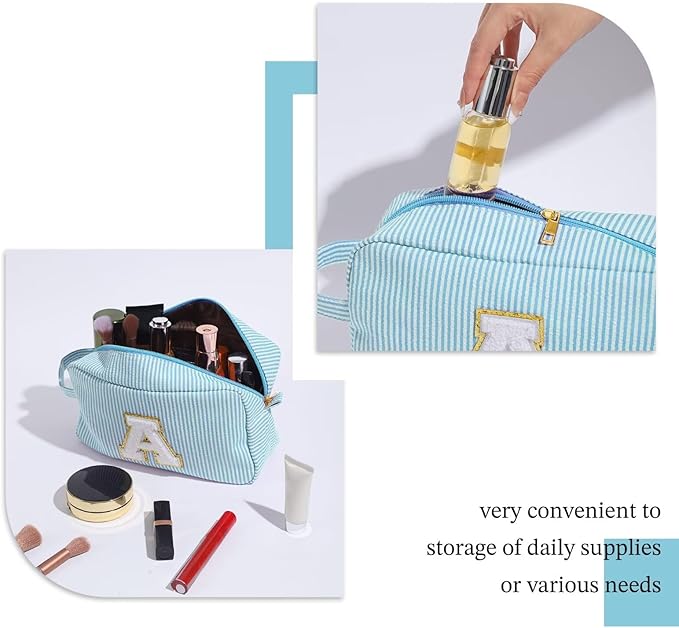 YooLife Monogram Initial Blue Cosmetic Bag - Personalized Makeup Toiletry Case for Women, Mom, Bridesmaid, Best Friend, Sister, Teacher Gifts