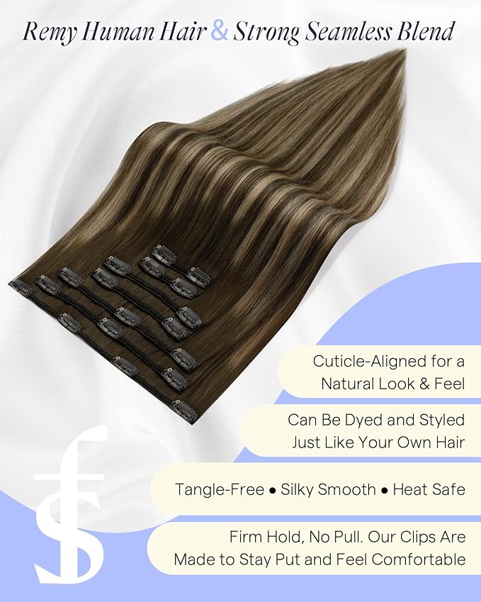 Full Shine 22 Inch Invisible Clip in Hair Extensions Human Hair Ombre Brown Clip in Human Hair Extensions Medium Brown Balayage Honey Blonde Thick Hair Extension 7 Pcs 150 G
