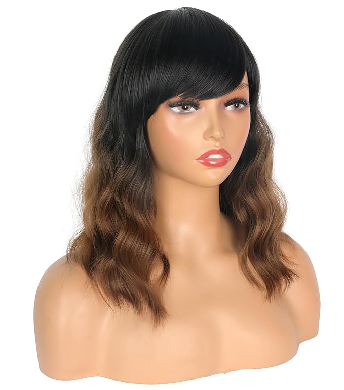 Short Wavy Wig with Bangs for Women Shoulder Length Brown Synthetic Wigs Natural Wavy Black To Brown Wigs Heat Resistant for Daily Party Use