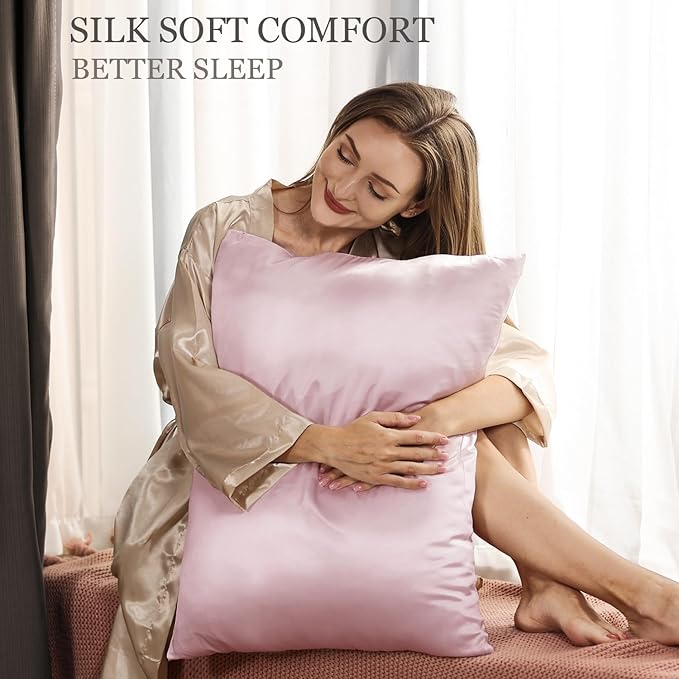 Adubor Silk Pillowcase for Hair and Skin with Hidden Zipper, Both Sides 23 Momme Silk Pillow Case, 20x26inch, Standard Size,Pink, 2PCS