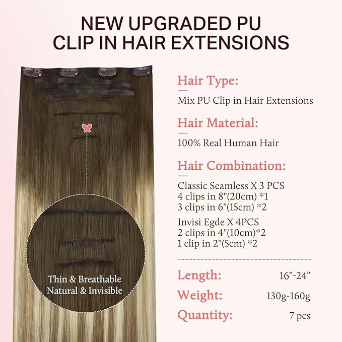 DOORES Clip in Hair Extensions Set 22 Inch 150g, 4pcs Invisi Edge Clip ins and 3pcs Classic Seamless Clip ins, Injected Virgin Real Human Hair Extensions Natural Invisible Straight, #3/8/613