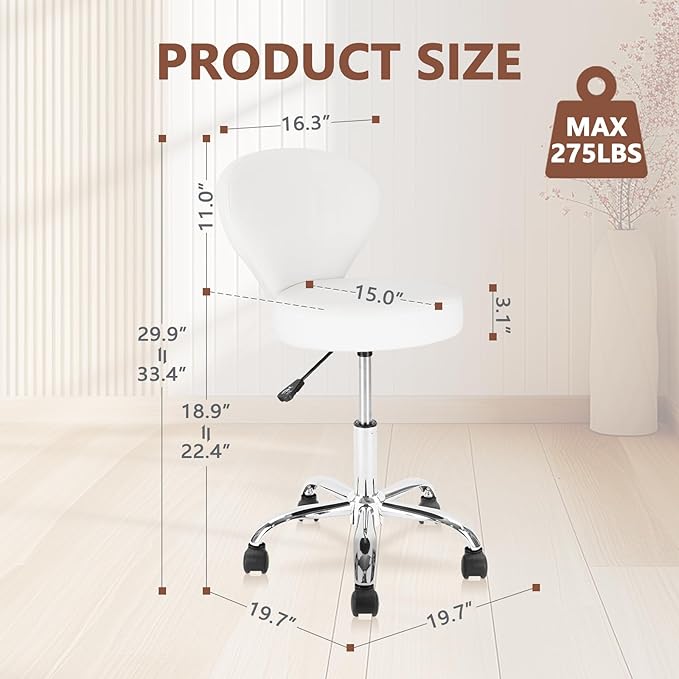 Set of 4 PVC Faux Leather Rolling Swivel Salon Stool Chair with Low Back Support Adjustable Hydraulic Seat Height 22 IN Diameter 15 IN for Office Massage Facial Spa Medical Tattoo White 4 Pack