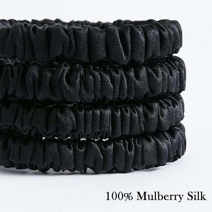 Mulberry Silk Skinnie Scrunchies Set in Black - 100% Pure 19 Momme, Luxurious Elastic Hair Ties for Women (4 Pack)