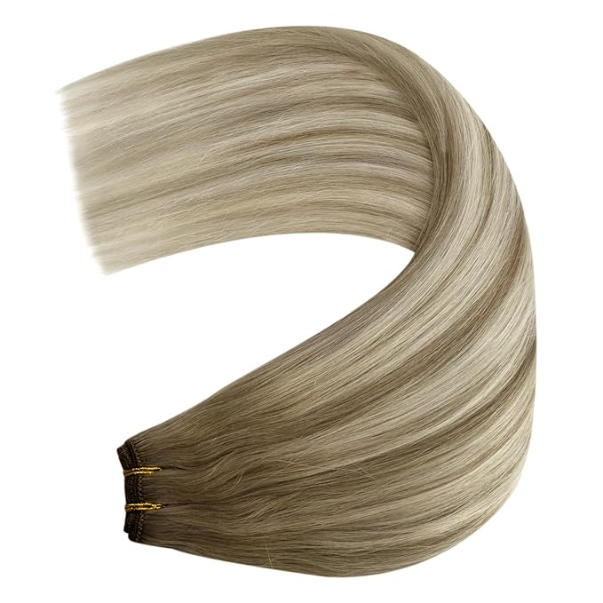 YoungSee 130G Weft Hair Extensions Human Hair Balayage Light Brown Mix Platinum Blonde Hair Extensions Sew in Balayage Double Weft Human Hair Extension Long Straight Hair 24Inch