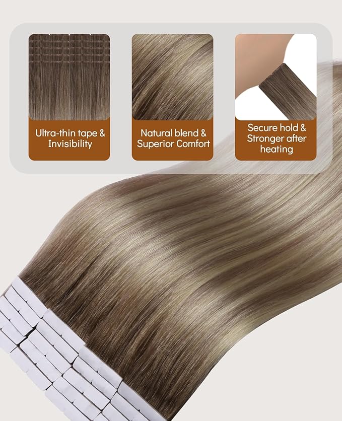 VINBAO 55g Invisi Edge Tape in Extensions Real Human Hair Balayage Ash Brown and Blonde Mixed with Ash Blonde Injected Tape in Hair Extensions Invisible 20pcs 20inch #8/60/18