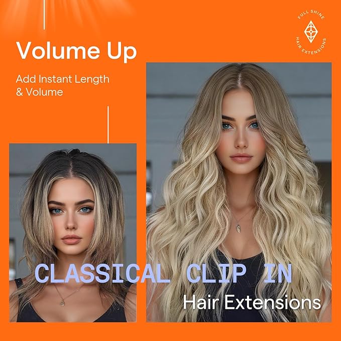 Full Shine Clip in Hair Extensions Ombre Blonde Human Hair Extensions Clip ins Light Ash Brown to Brown Highlight Blonde 16 Inch 7 Pcs Invisible Hair 120 G