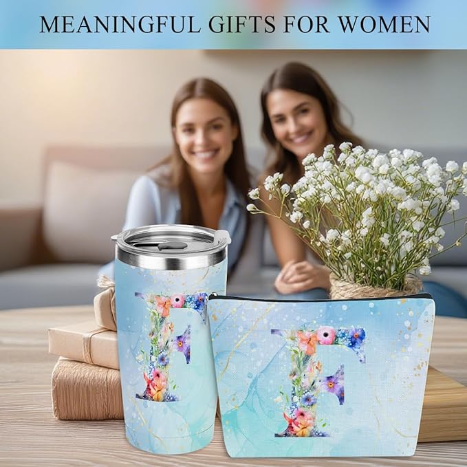 Personalized Gifts Monogrammed Birthday Gifts for Women, Aunt Grandma Retirement Christmas Initial 20 oz Tumbler, Makeup Bag Cup Ballpoint Pens Journal Notebook 6 Set, (Aesthetic Blue Flower F)