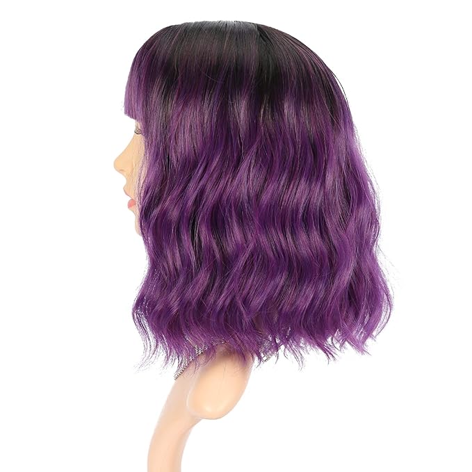 FAELBATY Purple Wig With Bangs Short Bob Synthetic Cosplay Wig for women Costume Wigs (12" Ombre Dark Purple Color)
