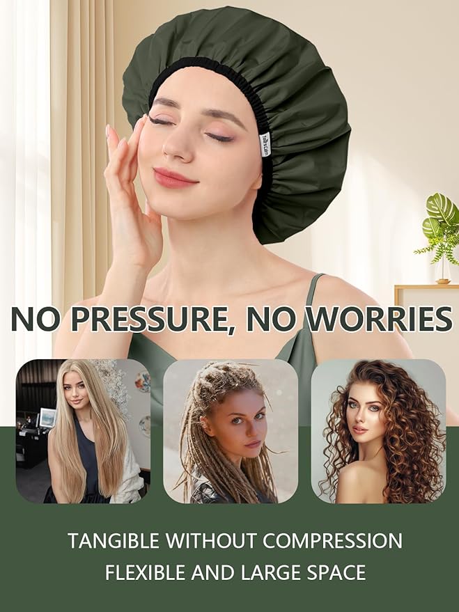 Years Calm Shower Caps For Women Reusable Waterproof，Pattern And Solid Color Dual-Layer Design For Dual-Layer Usable，Protects Hair In Shower, Spa, Cooking, Clean & Travel (Green, Extra Large)