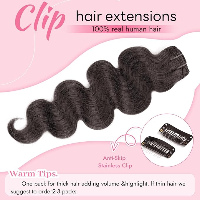 Clip in Hair Extensions Real Human Hair Body Wave 2 Dark Brown Clip in 100% Brazilian Remy Human Hair Extensions 8pcs Per Set with 18 Clips Double Weft 20 Inch 105g/3.6oz