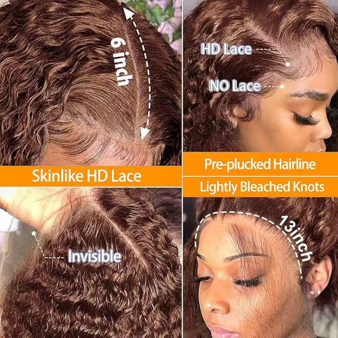 250% Density SKINLIKE Real HD Lace Wig, 13x6 Full Frontal 0.10mm Ultra-thin HD Lace Front Wigs Human Hair Pre-Plucked Bleached Knots Invisible Lace Chocolate Brown Deep Wave Human Hair Wigs 22 Inch