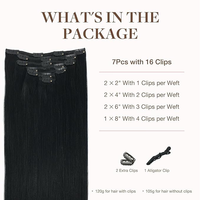 GOO GOO Clip in Hair Extensions Real Human Hair, Remy Human Hair Extensions Clip ins for Women, Natural Human Hair, 16inch 160g 7Pcs, #1 Jet Black