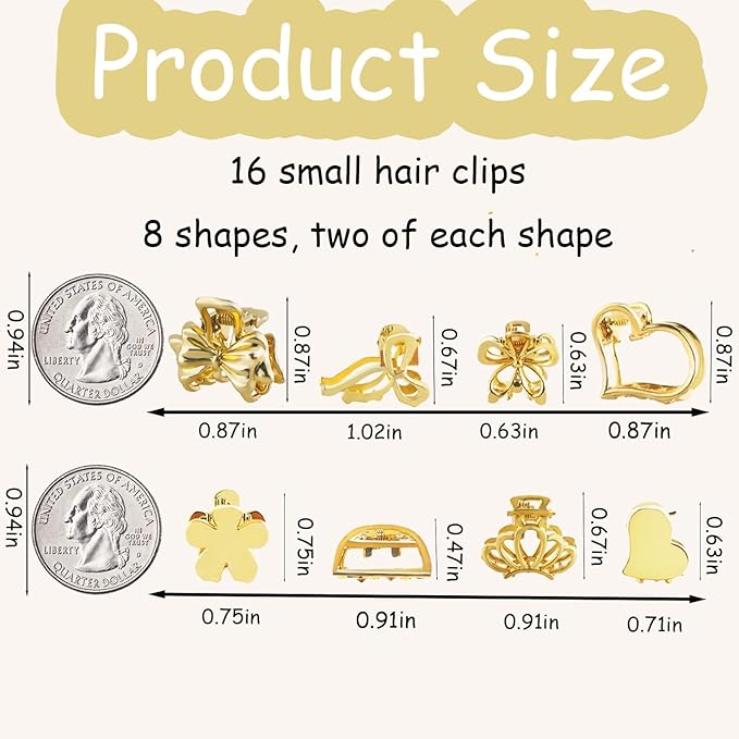 16Pcs Mini Hair Claw Clips, Gold Silver Small Metal Bangs Claw Clips Jaw Clamps for Long Thin Hair, Tiny Cute Flower Barrettes for Women(Gold)