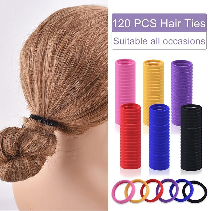 120PCS Multicolour Hair Ties for Women Girl,Black Elastics Hair Ties No Damage Ponytail Holder for Thick/Thin Hair Accessories,Soft Cotton Cloth Seamless Hair Bands