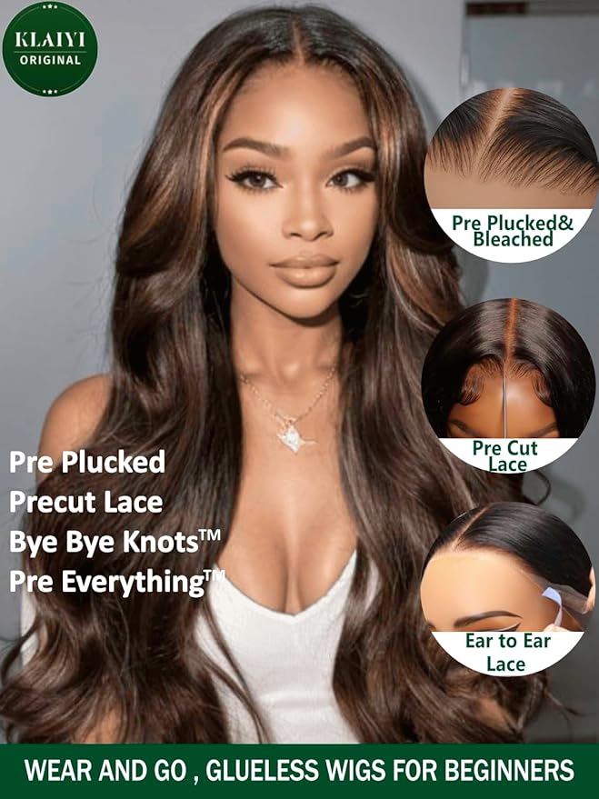 KLAIYI 13x4 Pre Everything Lace Front Chocolate Brown With Highlights Loose Body Wave Wig Human Hair Pre Cut Lace Pre Bleached Bye Bye Knots Pre Plucked Ombre Glueless Wear Go Wig Ready to Wear 18Inch