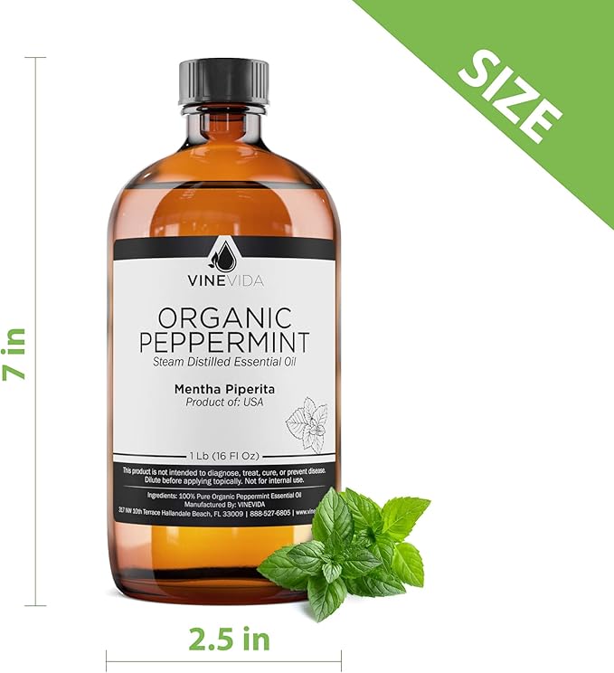 VINEVIDA Organic Peppermint Essential Oil - 16 oz - Undiluted - DIY Candle Scents & Bulk for Soap Making