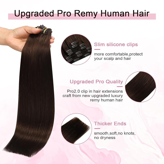 Pro2.0 Clip in Hair Extensions Real Human Hair 20inch 7pcs Color #4 Chocolate Brown Remy Real Human Hair Extensions Clip ins 120g Thick Seamless Double Weft for Women（#4a-20inch）