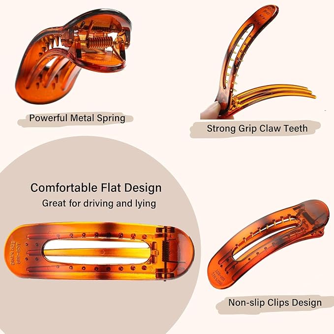 8 PCS Flat Hair Clips, 3 Styles Large Flat Claw Clips for Women, French Strong Hold Non-slip Duckbill Hair Claws for Thin Thick Hair (Tortoise)