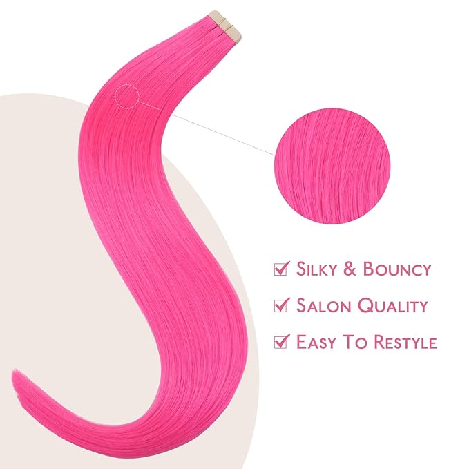 WENNALIFE Tape in Hair Extensions Human Hair Hot Pink Tape in Extensions, 10pcs 30g 26 inch Remy Invisible Tape Ins Straight Colored Soft Real Human Hair Tape in Extensions Refill Set Extensions