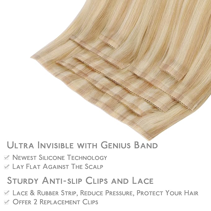 WENNALIFE Lace Seamless Clip in Hair Extensions Human Hair 7pcs Ultra Invisible 50% Thinner Seamless Clip Ins Light Blonde Highlighted Golden Blonde Natural Remy Hair 22 inch